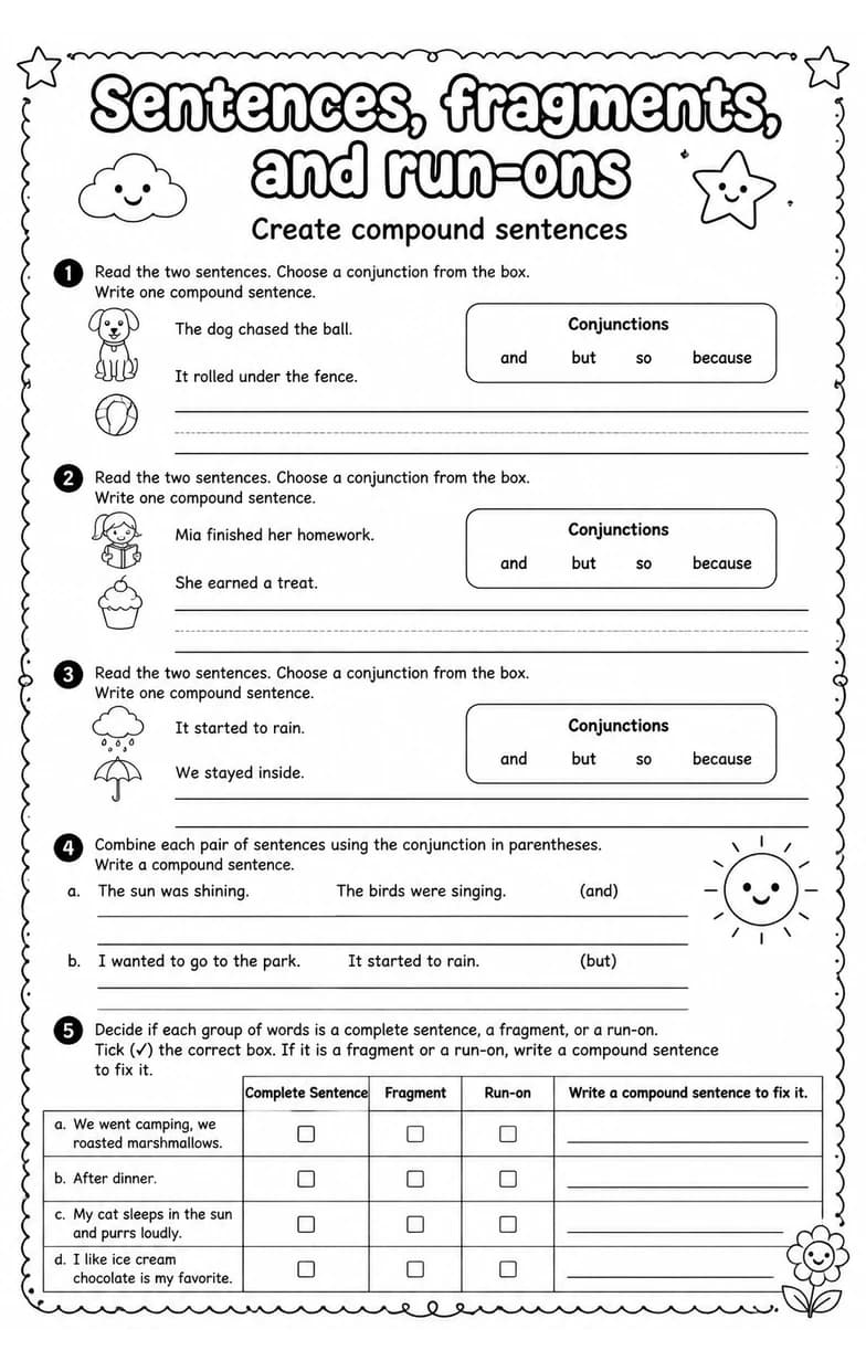 Create compound sentences — free printable Grade 3 English & Reading worksheet