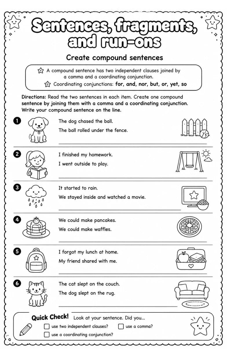 Create compound sentences — free printable Grade 4 English & Reading worksheet