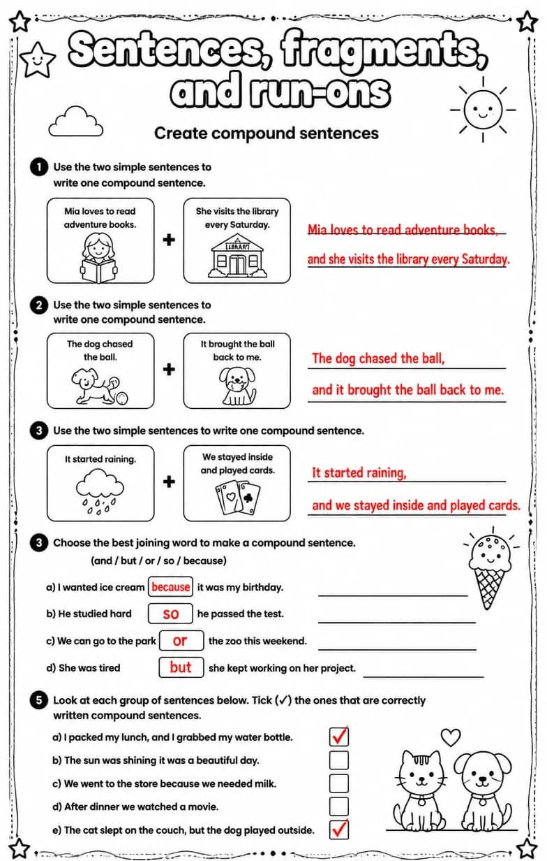 Answer key for Create compound sentences — free printable English & Reading worksheet