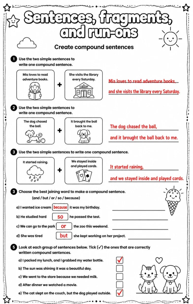 Answer key for Create compound sentences — free printable English & Reading worksheet