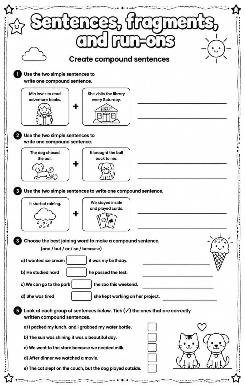 Create compound sentences — free printable Grammar and mechanics English worksheet
