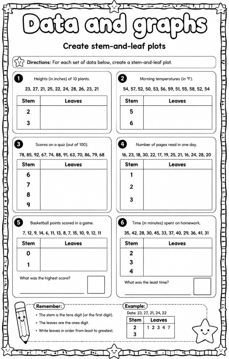 Create stem-and-leaf plots — free printable Grade 5 Math worksheet