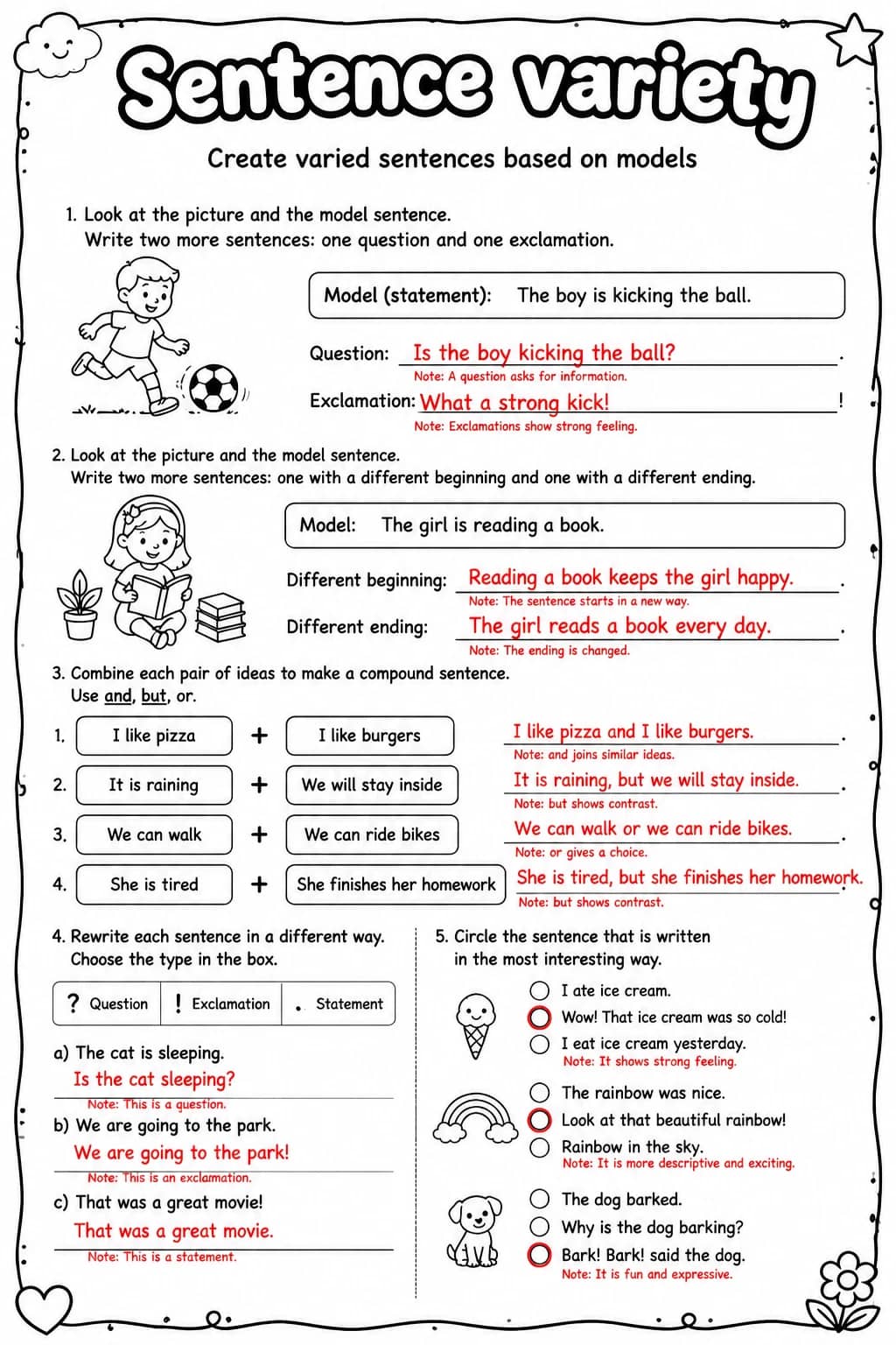 Answer key for Create varied sentences based on models — free printable English & Reading worksheet