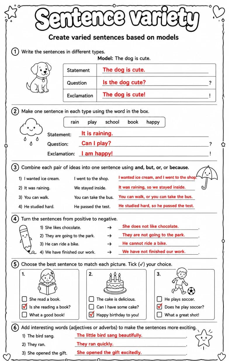 Answer key for Create varied sentences based on models — free printable English & Reading worksheet
