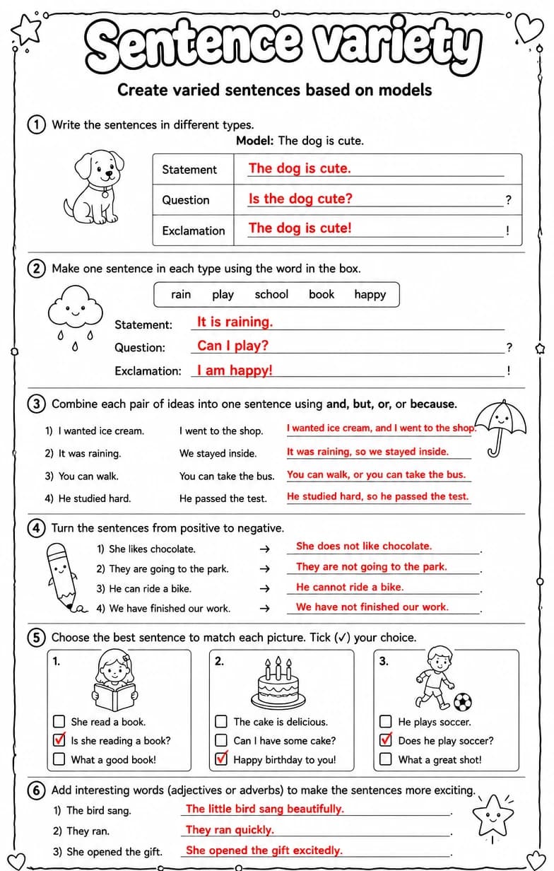 Answer key for Create varied sentences based on models — free printable English & Reading worksheet