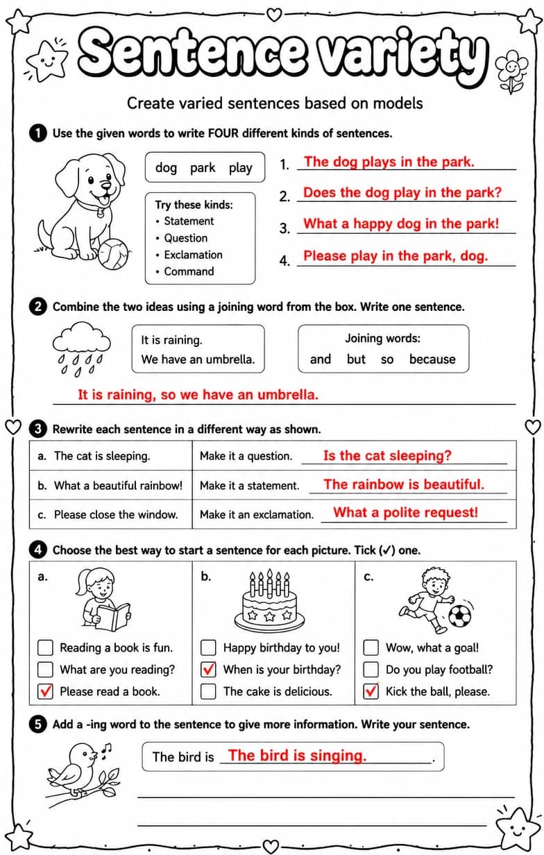 Answer key for Create varied sentences based on models — free printable English & Reading worksheet