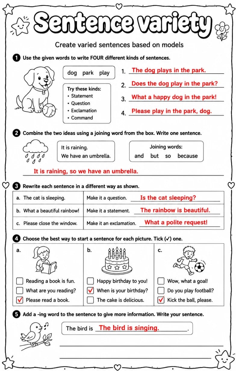 Answer key for Create varied sentences based on models — free printable English & Reading worksheet