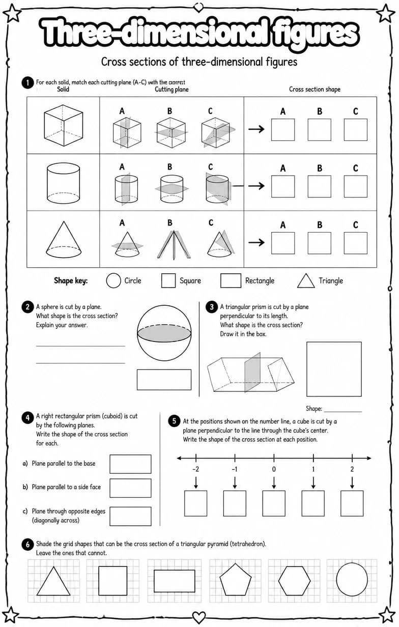 Cross sections of three-dimensional figures — free printable Grade 7 math worksheet