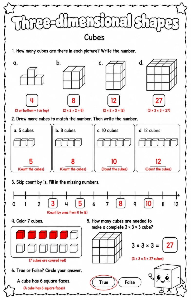 Answer key for Cubes — free printable Math worksheet