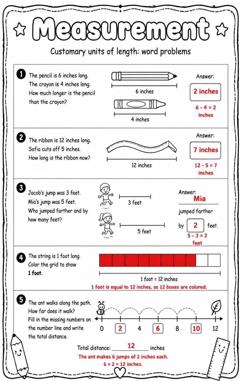 Answer key for Customary units of length: word problems — free printable Math worksheet
