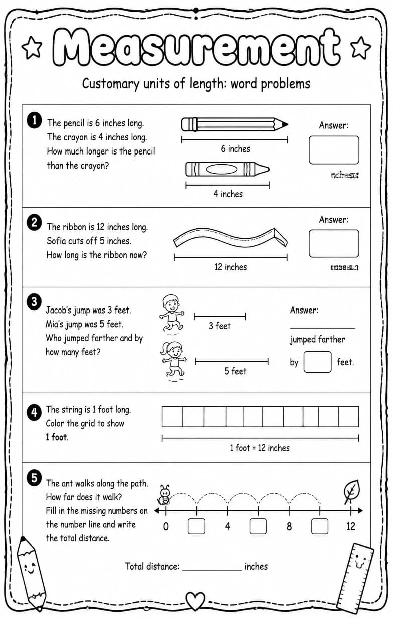 Customary units of length: word problems — free printable Grade 1 math worksheet