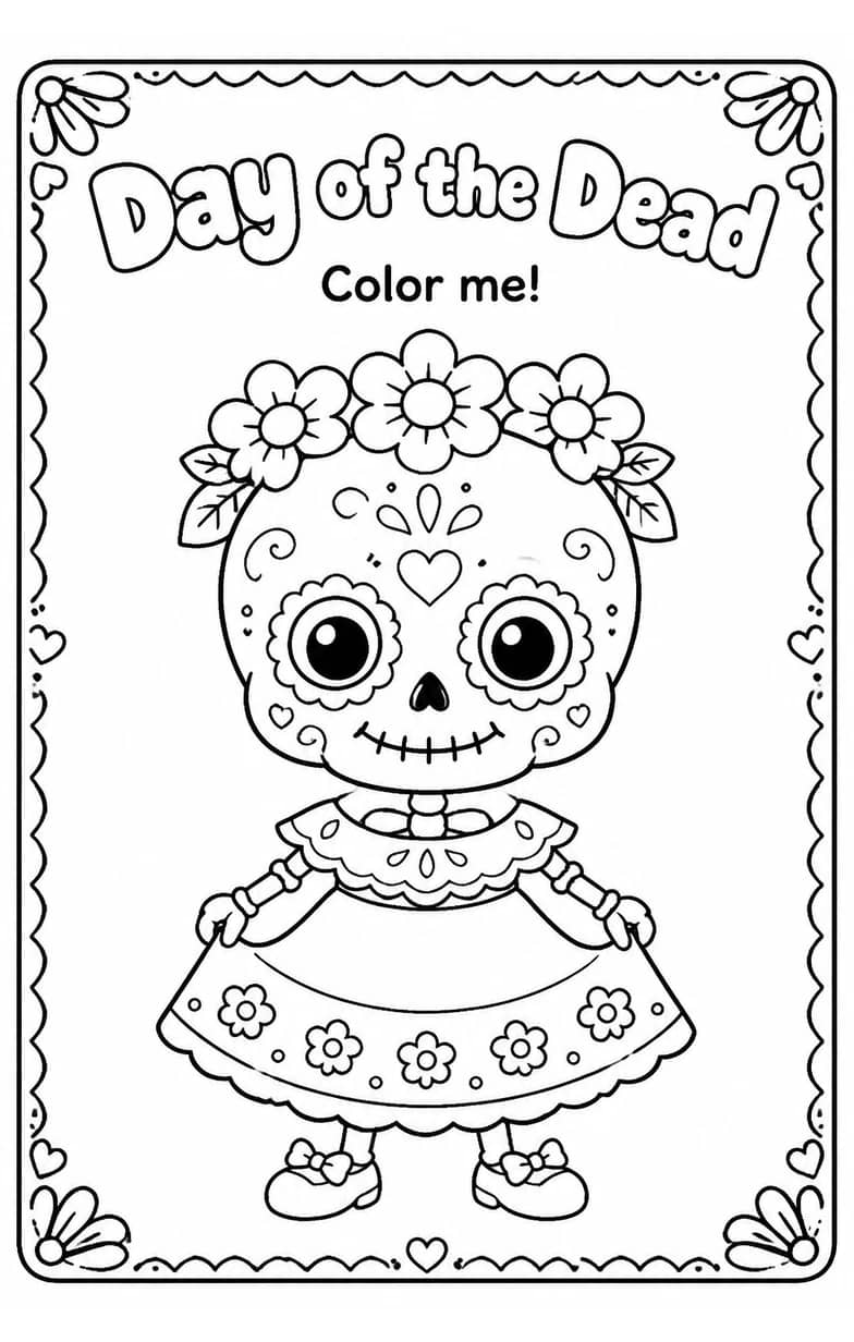 Day of the Dead Coloring Pages — free printable Kindergarten Art worksheet