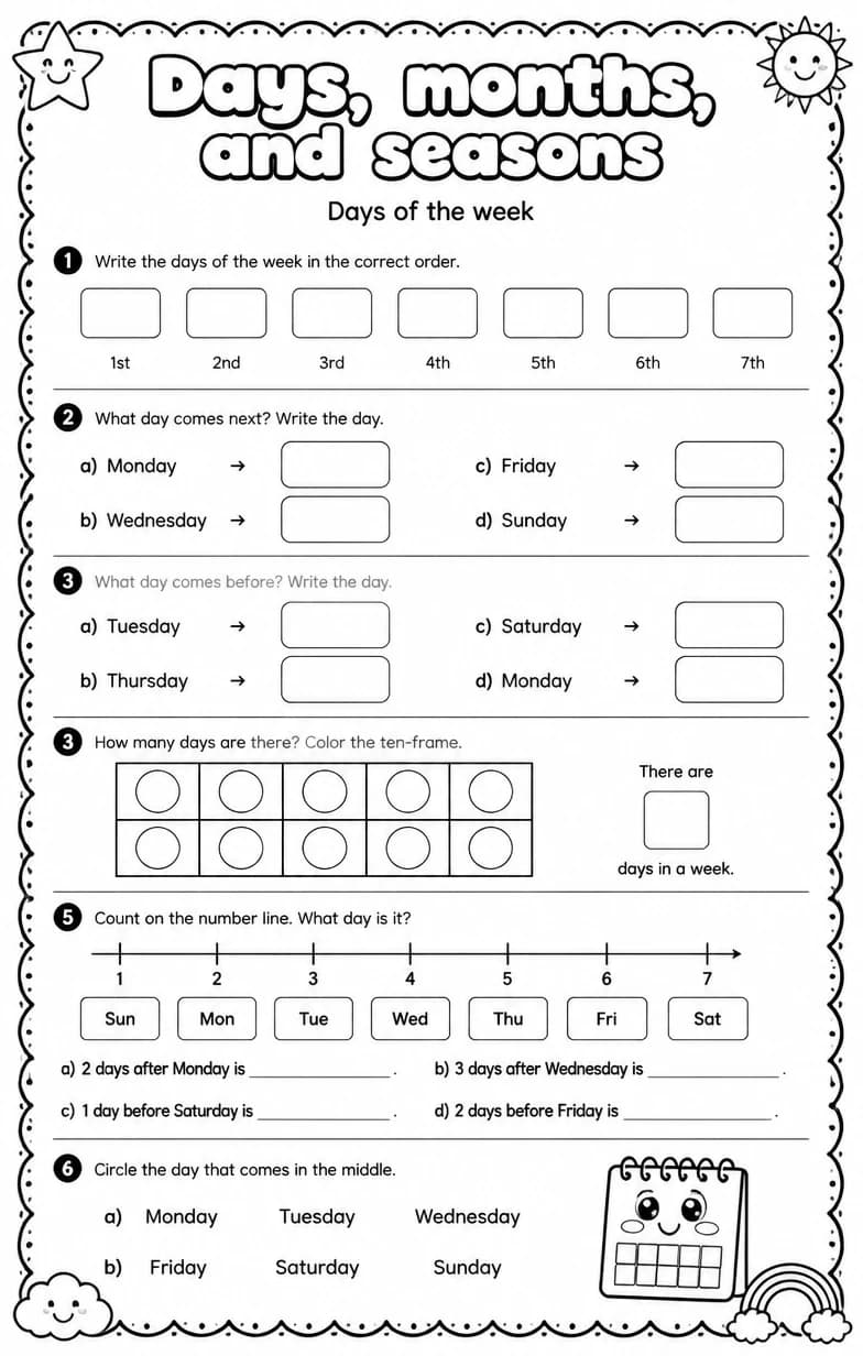 Days of the week — free printable Grade 1 math worksheet