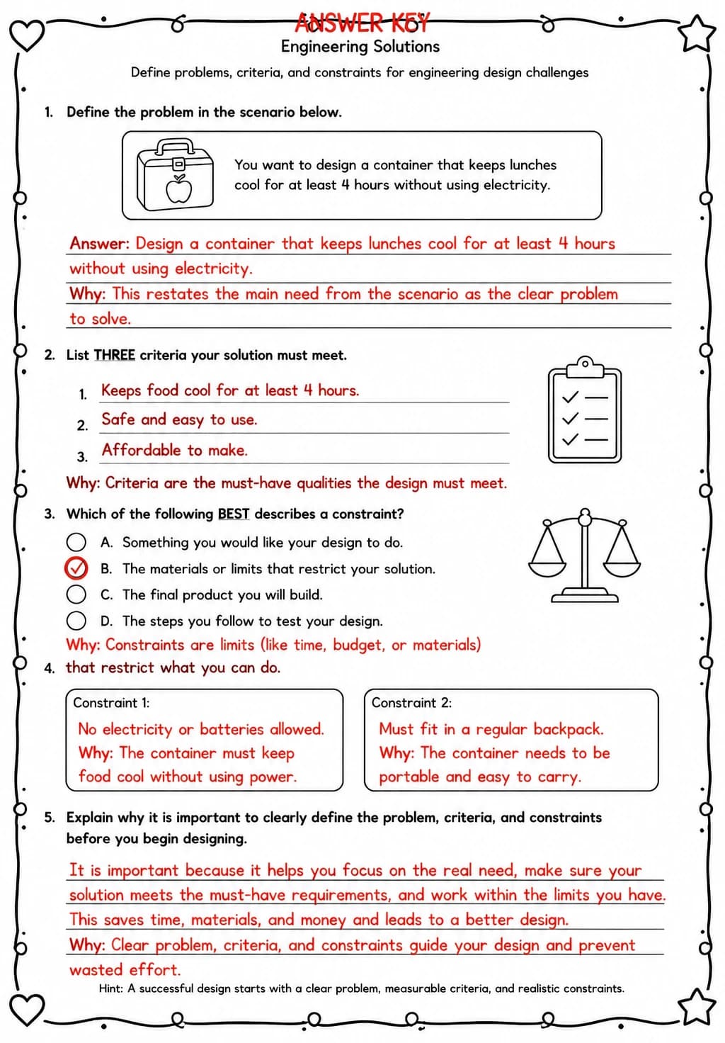 Answer key for Define problems, criteria, and constraints for engineering design challenges — free printable Science worksheet