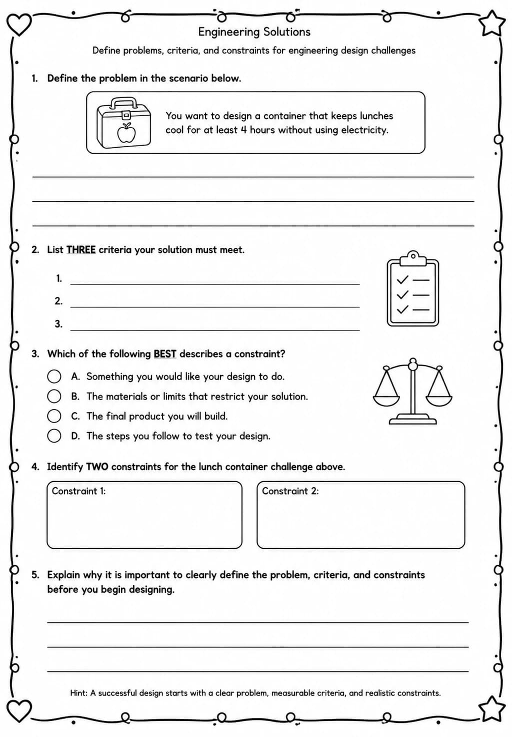 Define problems, criteria, and constraints for engineering design challenges — free printable High School Science worksheet