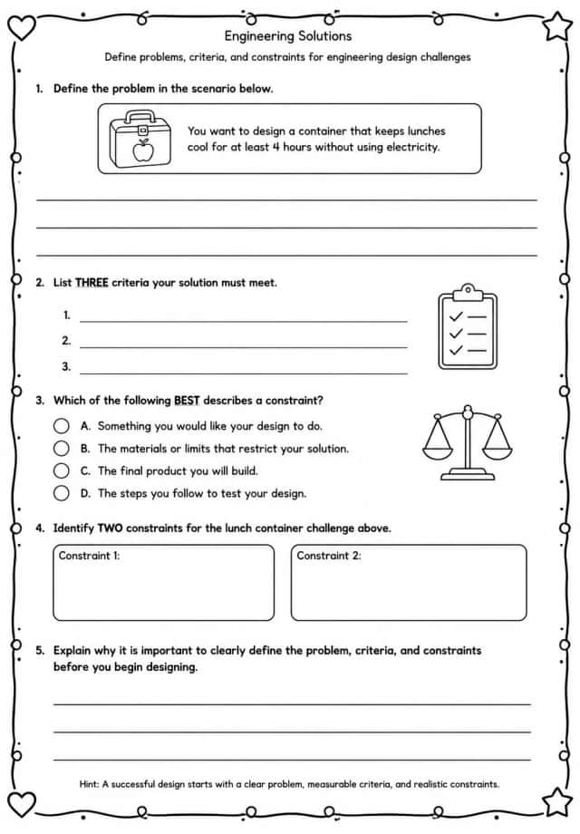 Define problems, criteria, and constraints for engineering design challenges
