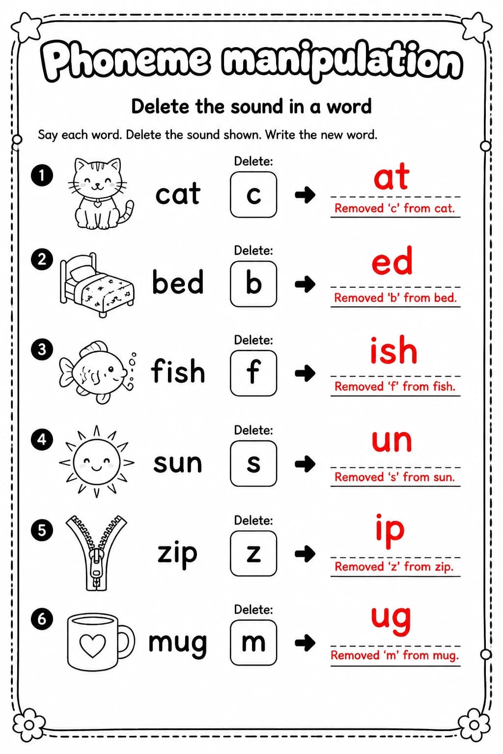 Answer key for Delete the sound in a word — free printable English & Reading worksheet