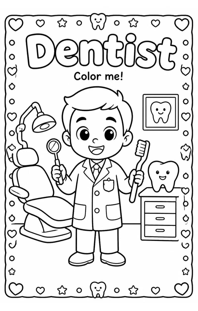 Dentist Coloring Pages — free printable Kindergarten Art worksheet