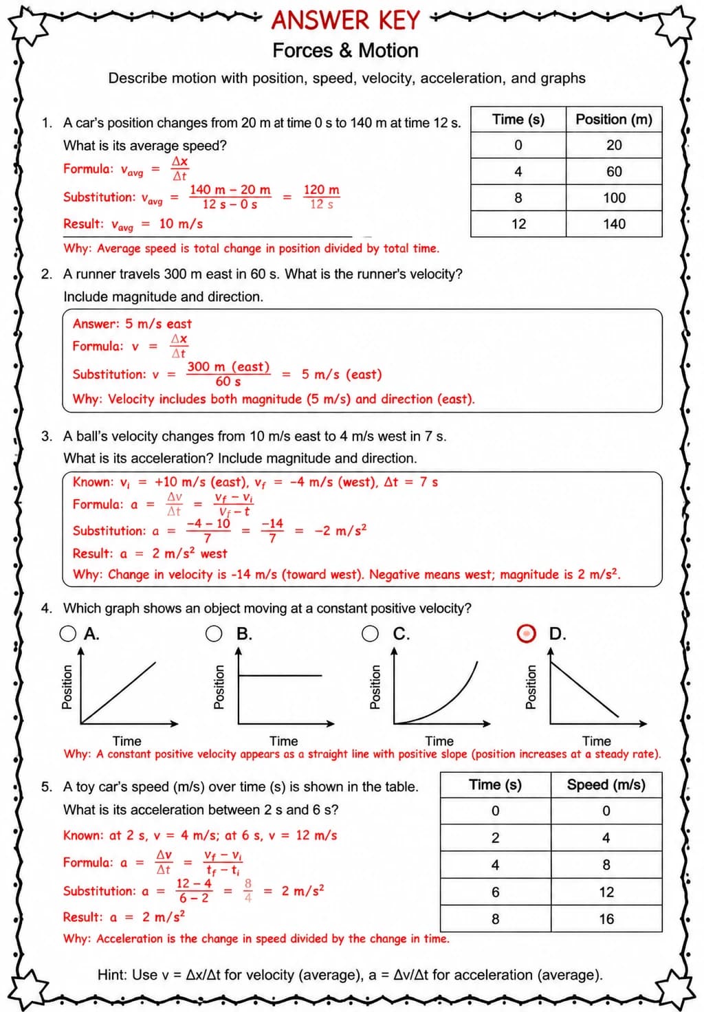 Answer key for Describe motion with position, speed, velocity, acceleration, and graphs — free printable Science worksheet