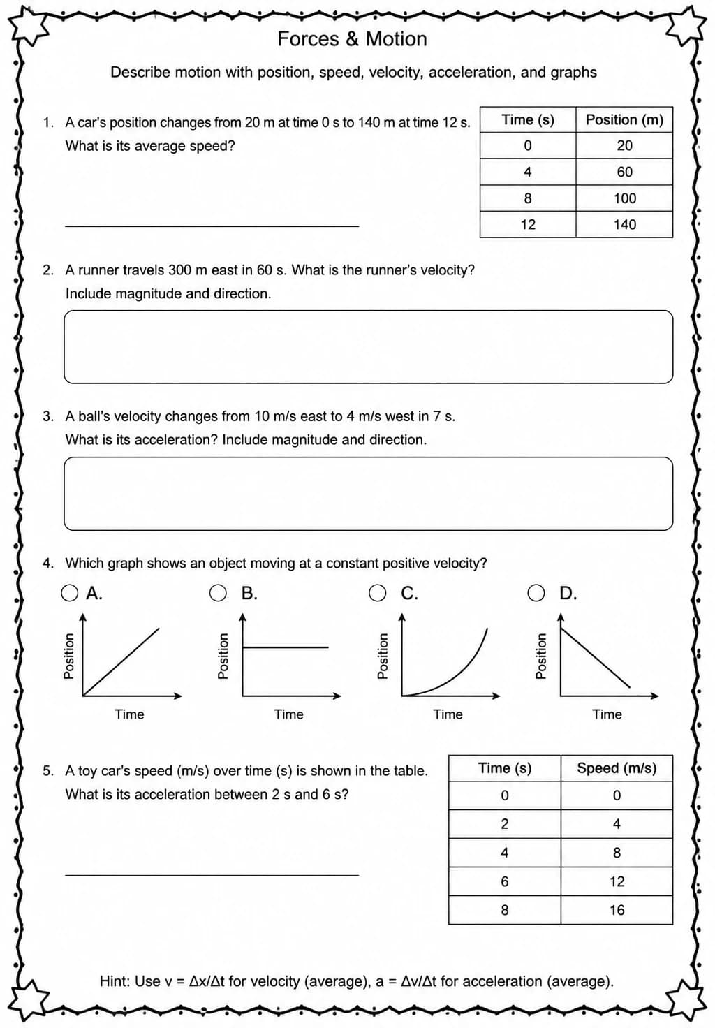 Describe motion with position, speed, velocity, acceleration, and graphs — free printable High School Science worksheet