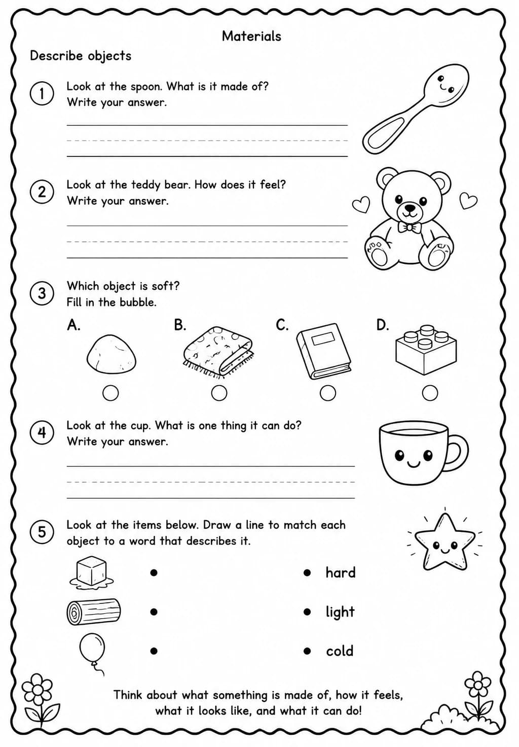 Describe objects — free printable Kindergarten Science worksheet