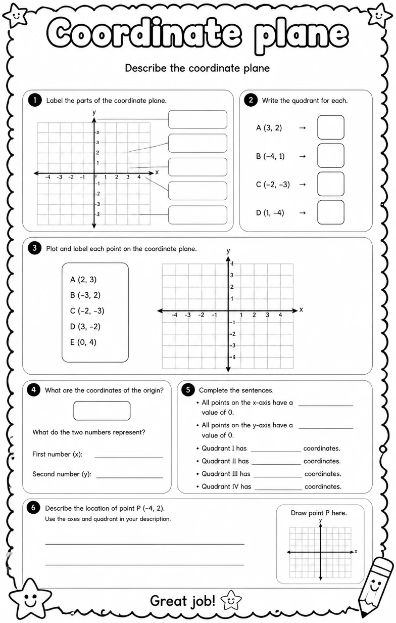 Describe the coordinate plane — free printable Grade 5 math worksheet