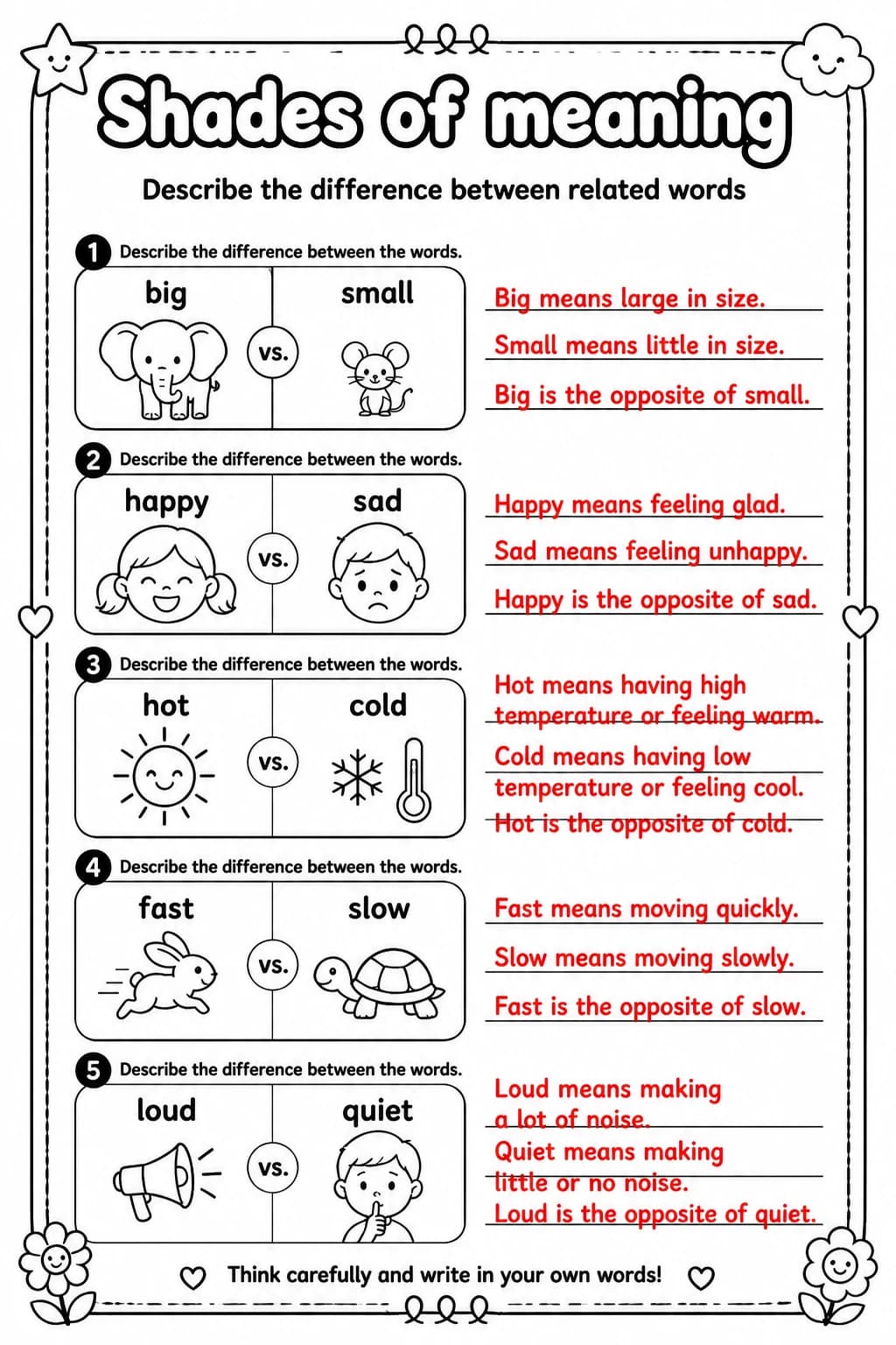 Answer key for Describe the difference between related words — free printable English & Reading worksheet