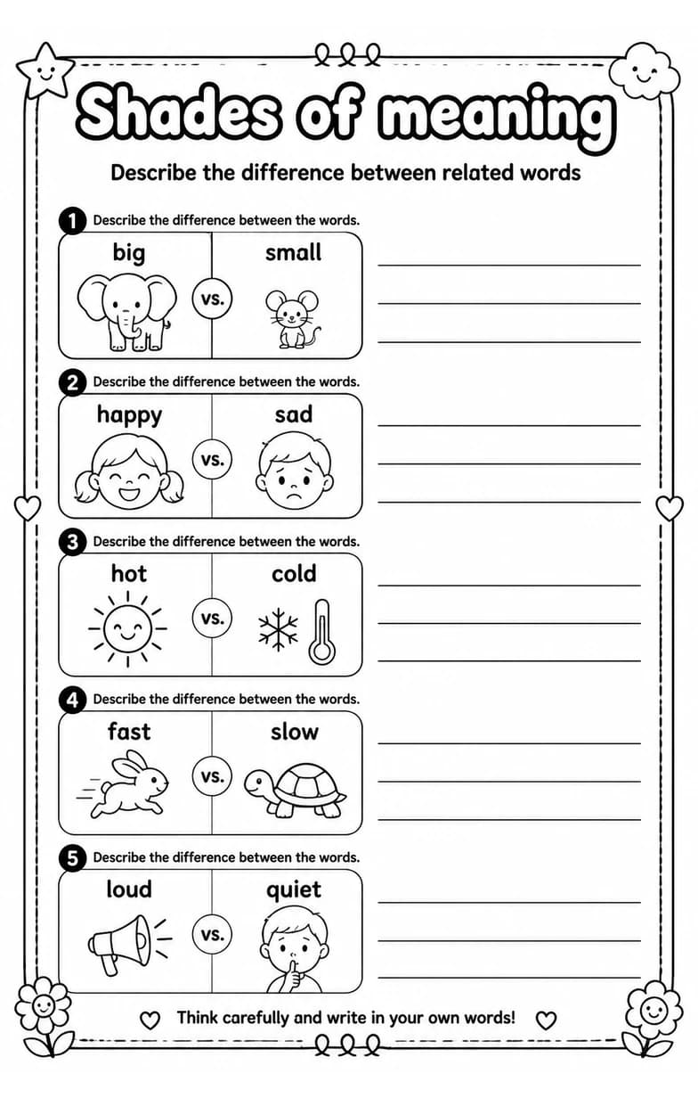 Describe the difference between related words — free printable Grade 1 English & Reading worksheet