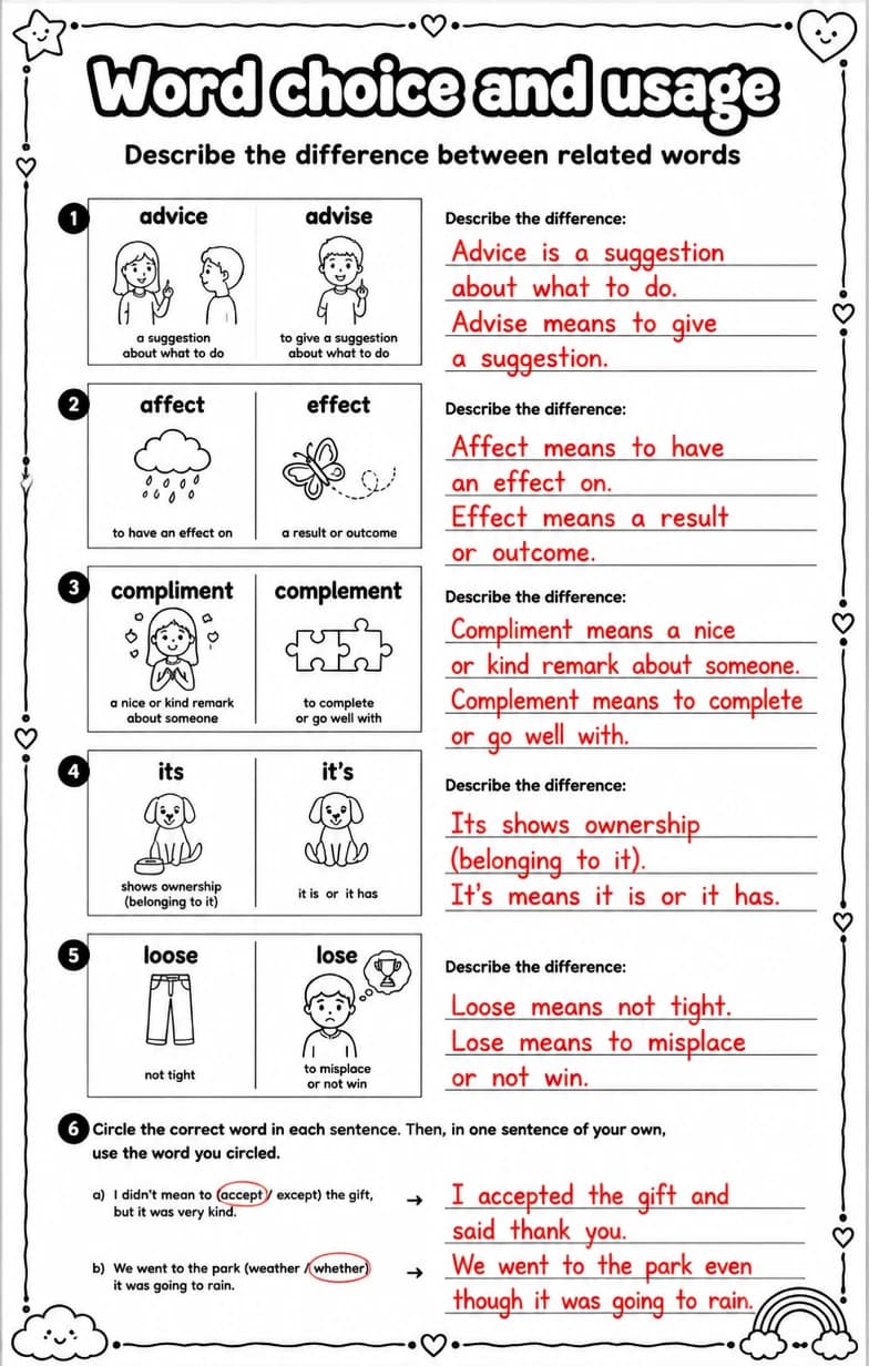 Answer key for Describe the difference between related words — free printable English & Reading worksheet