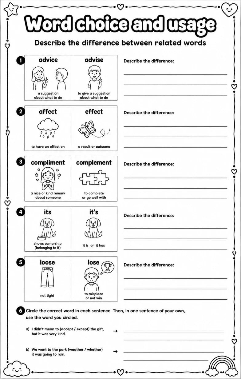 Describe the difference between related words — free printable Vocabulary English worksheet