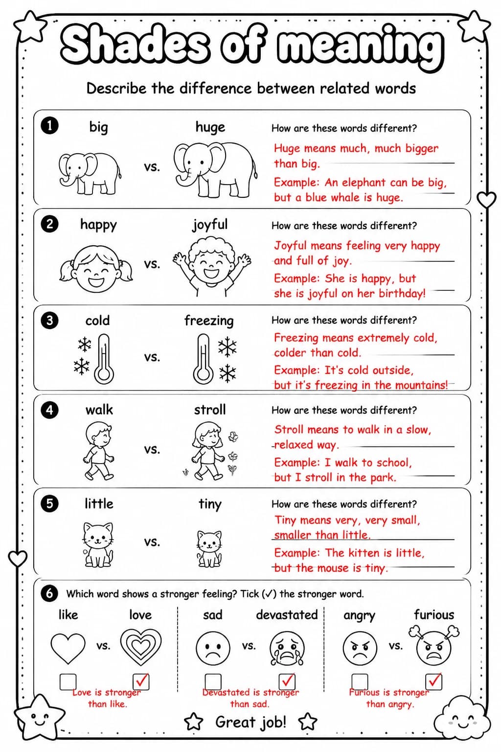 Answer key for Describe the difference between related words — free printable English & Reading worksheet