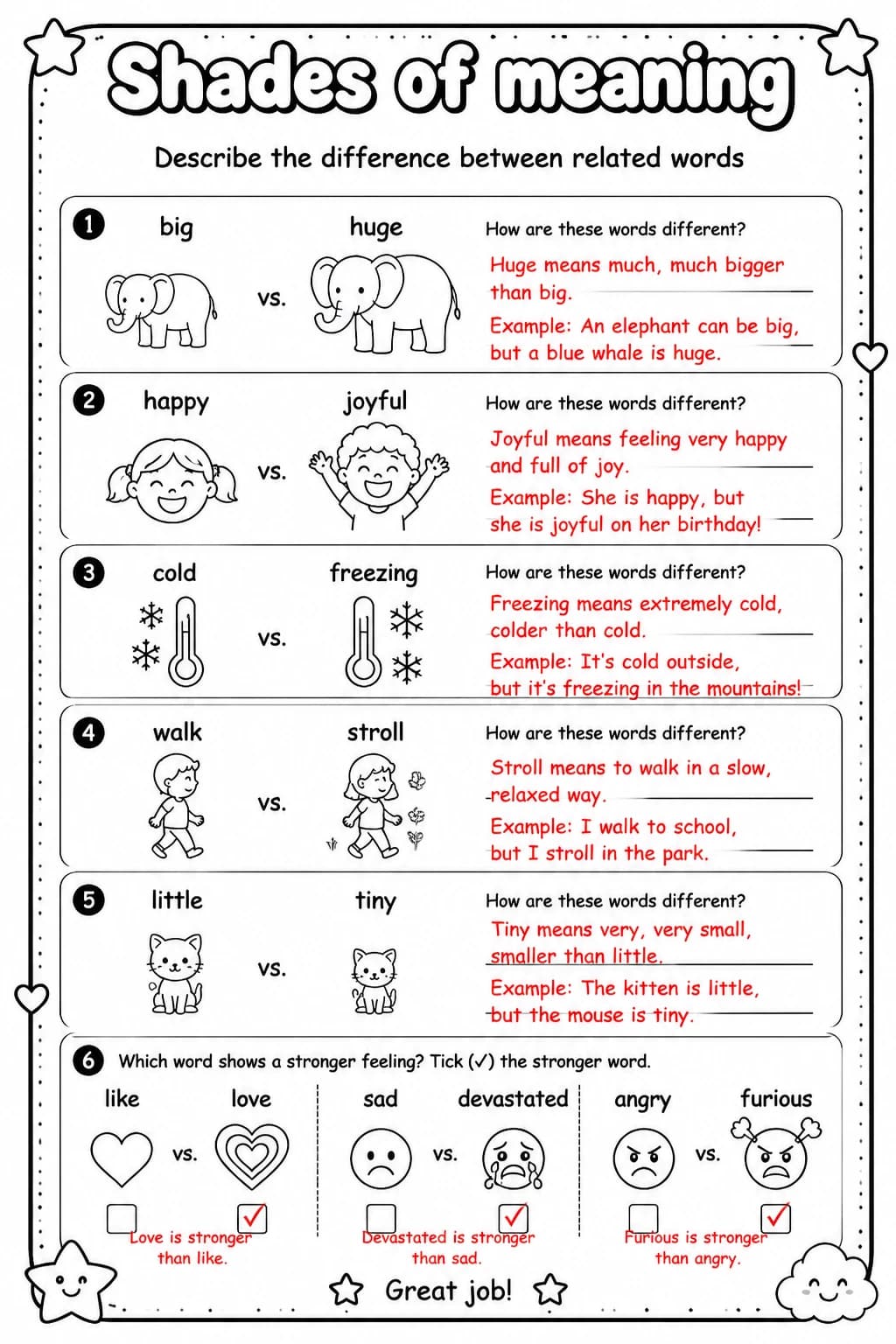 Answer key for Describe the difference between related words — free printable English & Reading worksheet