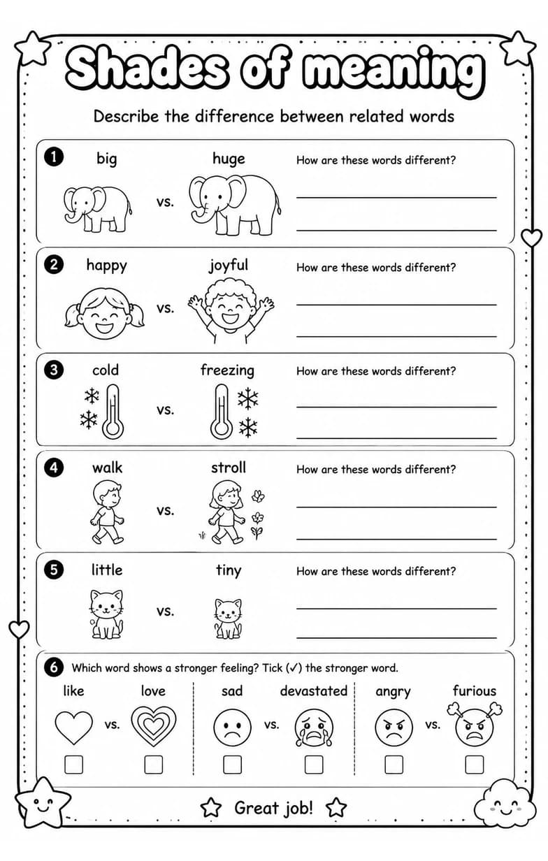Describe the difference between related words — free printable Vocabulary English worksheet