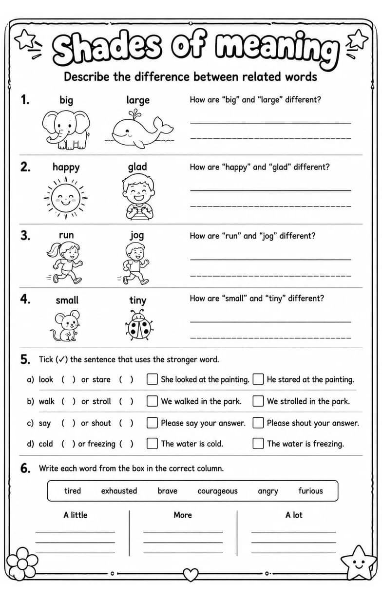 Describe the difference between related words — free printable Vocabulary English worksheet