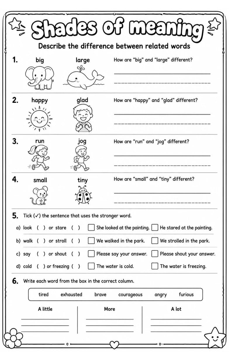 Describe the difference between related words — free printable Grade 3 English & Reading worksheet