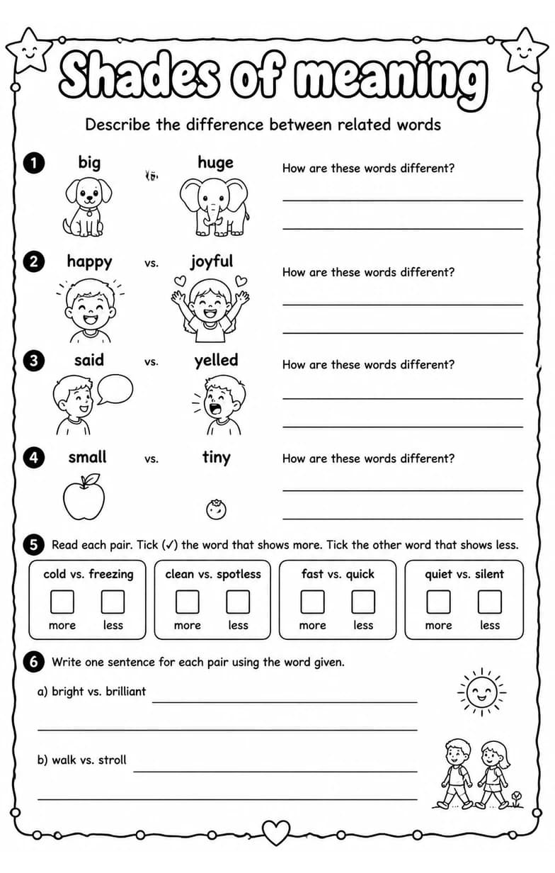 Describe the difference between related words — free printable Vocabulary English worksheet