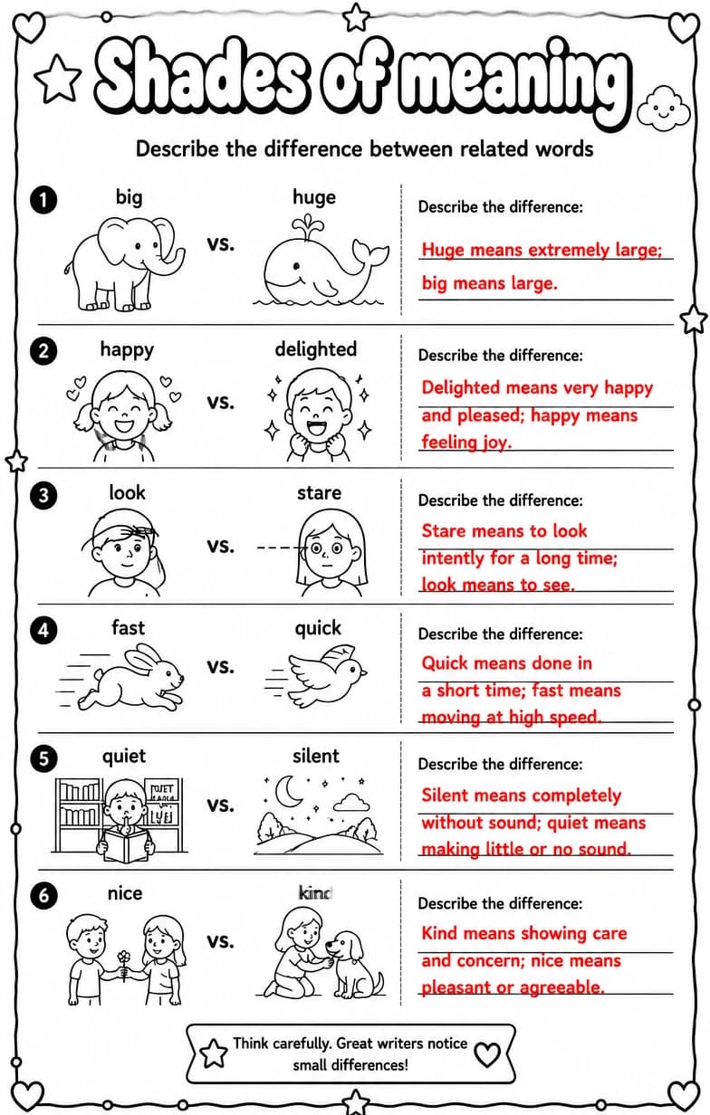 Answer key for Describe the difference between related words — free printable English & Reading worksheet