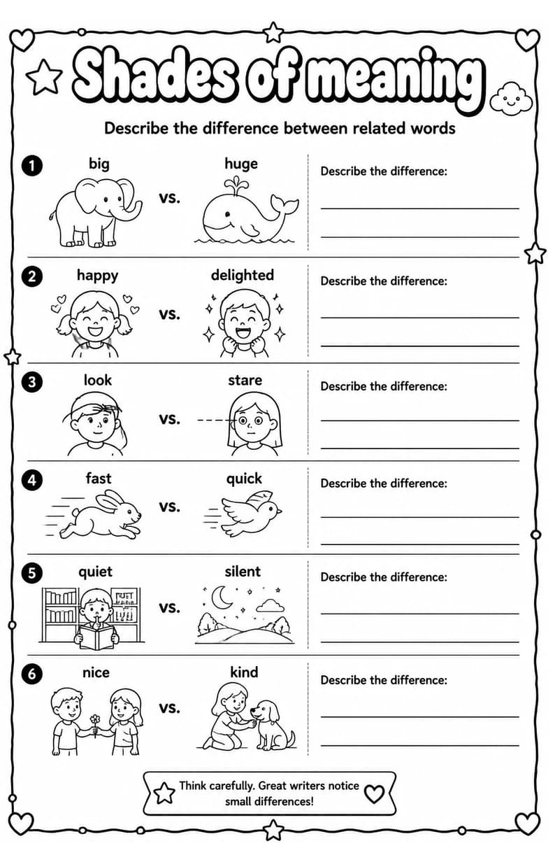 Describe the difference between related words — free printable Vocabulary English worksheet
