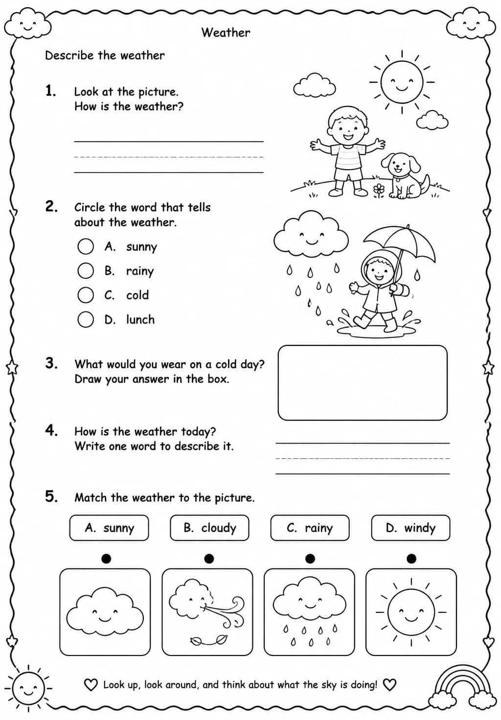 Describe the weather — free printable Kindergarten Science worksheet