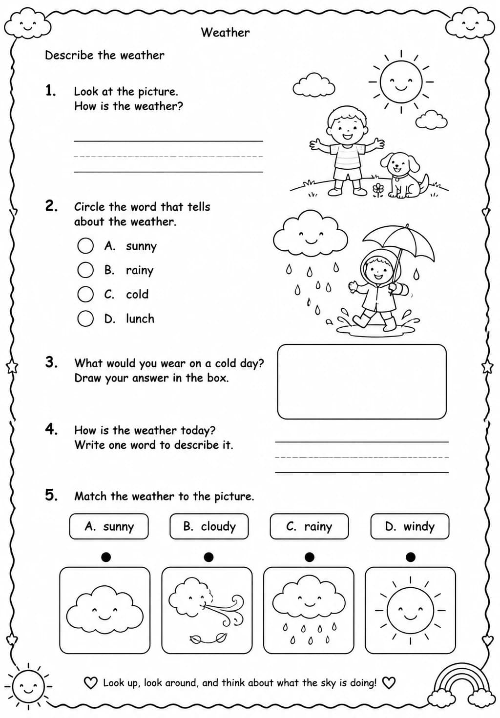 Describe the weather — free printable Kindergarten Science worksheet