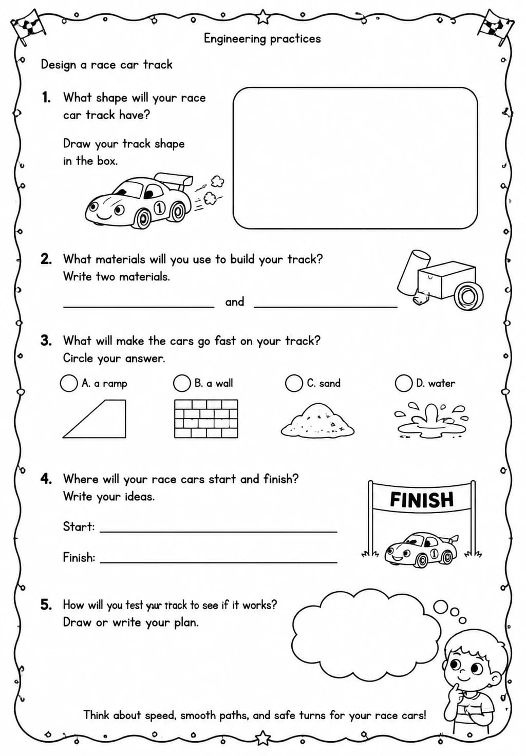 Design a race car track — free printable Kindergarten Science worksheet