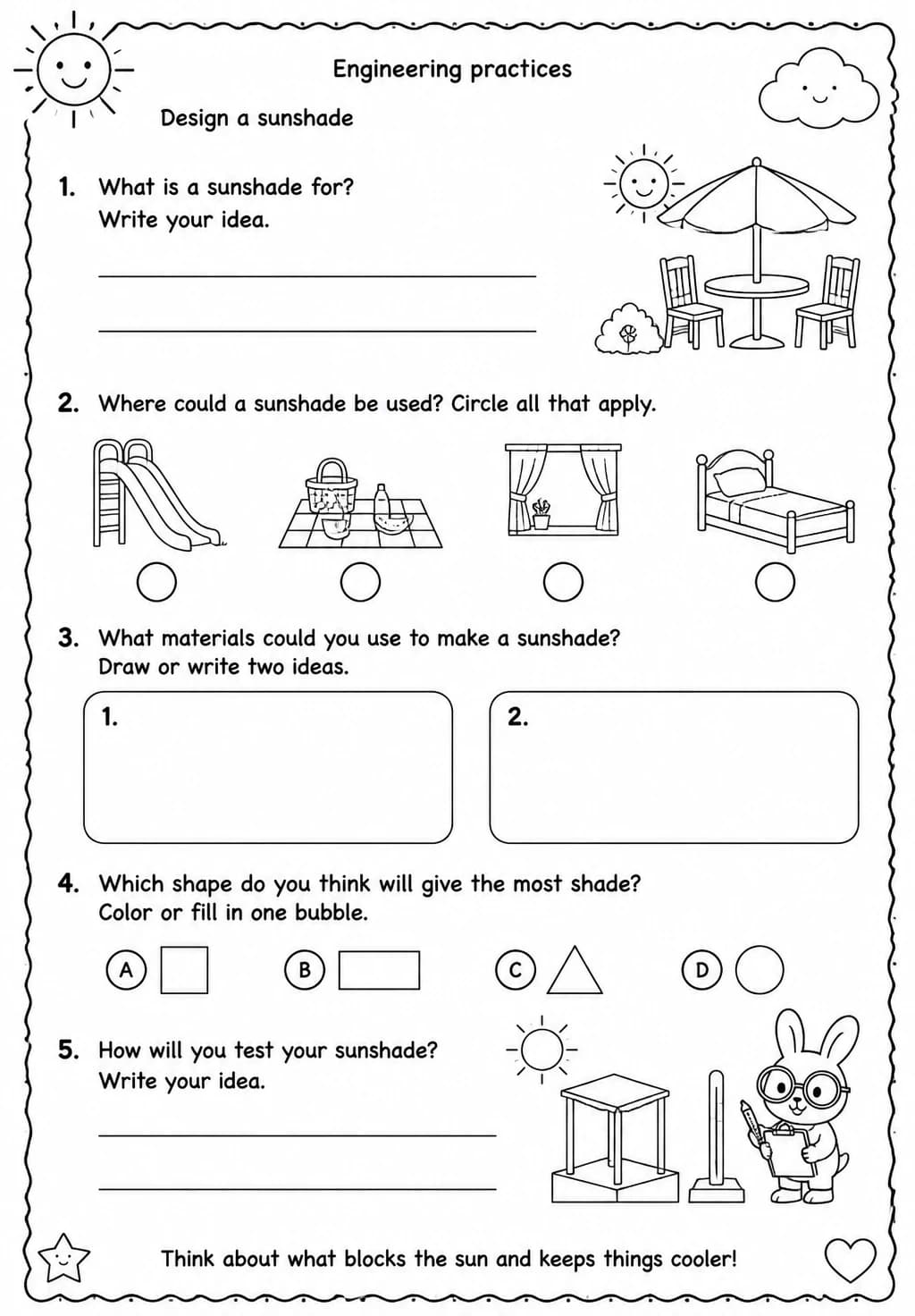 Design a sunshade — free printable Kindergarten Science worksheet