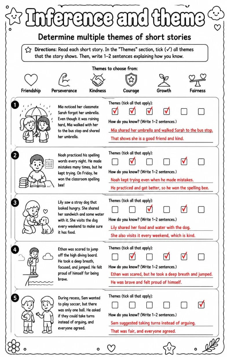 Answer key for Determine multiple themes of short stories — free printable English & Reading worksheet