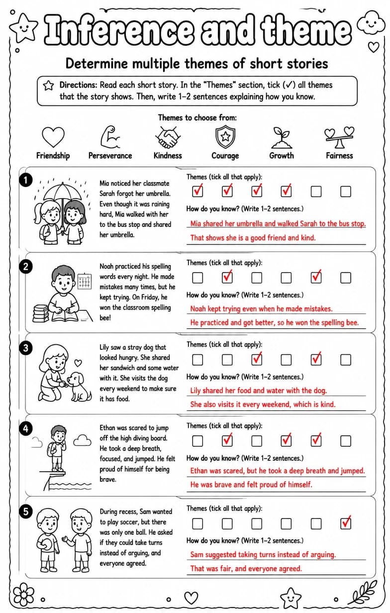 Answer key for Determine multiple themes of short stories — free printable English & Reading worksheet