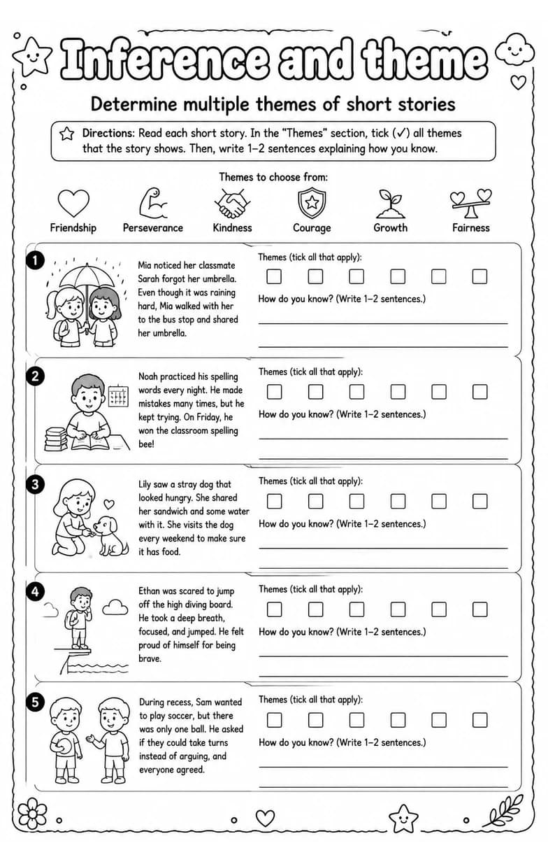 Determine multiple themes of short stories — free printable Reading strategies English worksheet