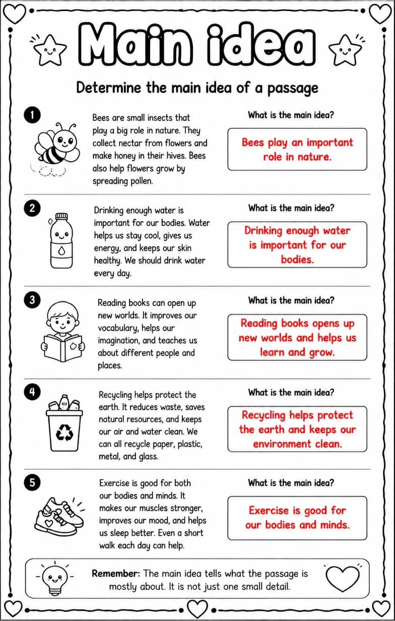 Answer key for Determine the main idea of a passage — free printable English & Reading worksheet