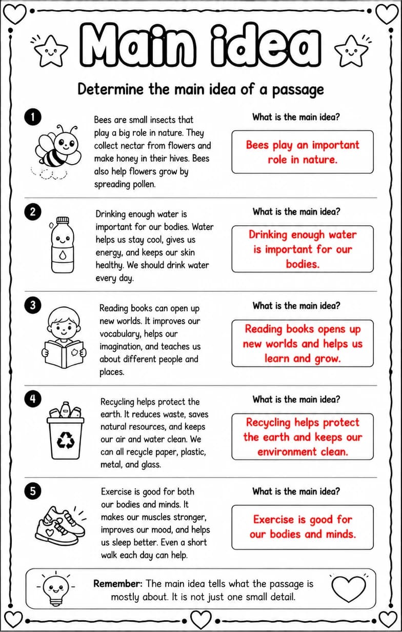 Answer key for Determine the main idea of a passage — free printable English & Reading worksheet