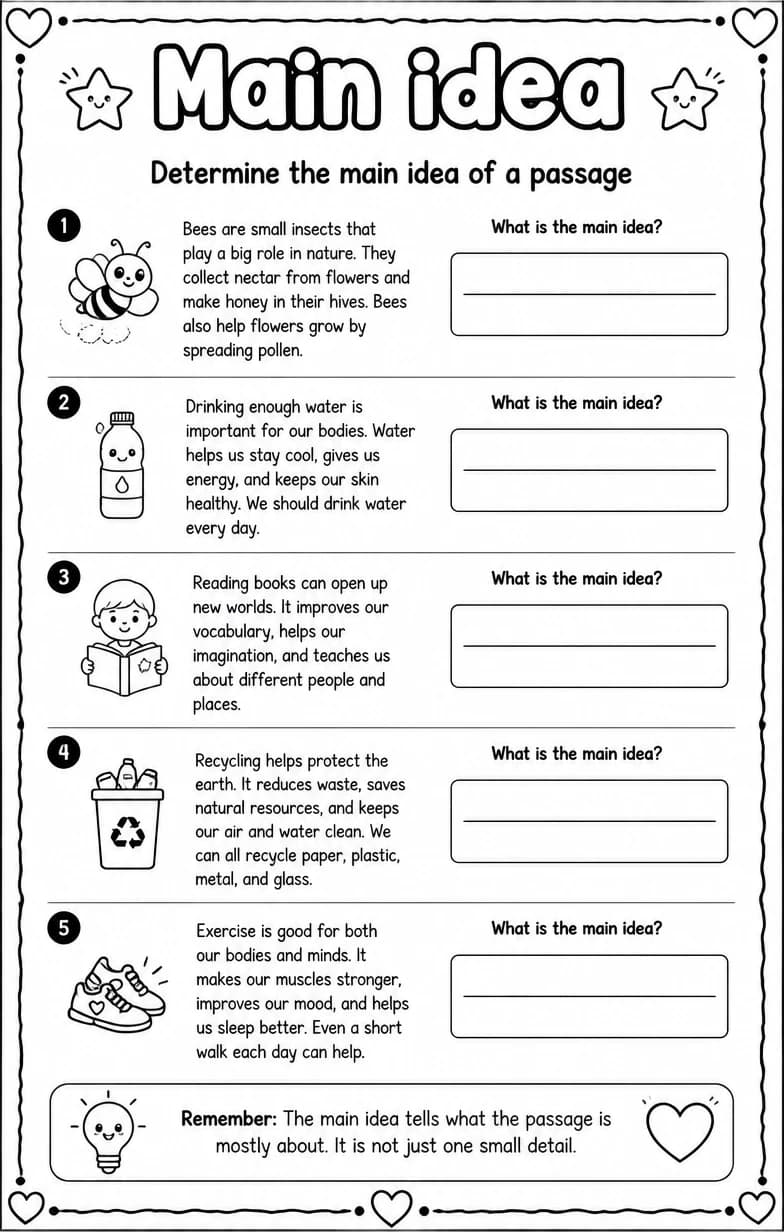 Determine the main idea of a passage — free printable Reading strategies English worksheet