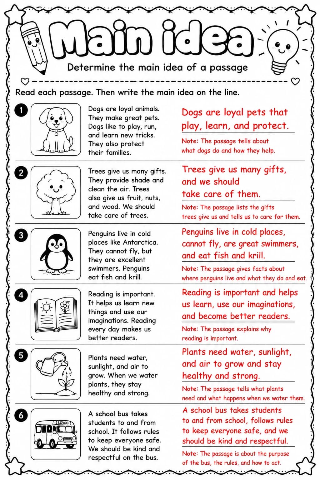 Answer key for Determine the main idea of a passage — free printable English & Reading worksheet