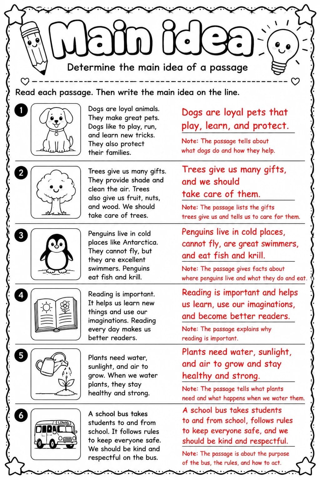 Answer key for Determine the main idea of a passage — free printable English & Reading worksheet